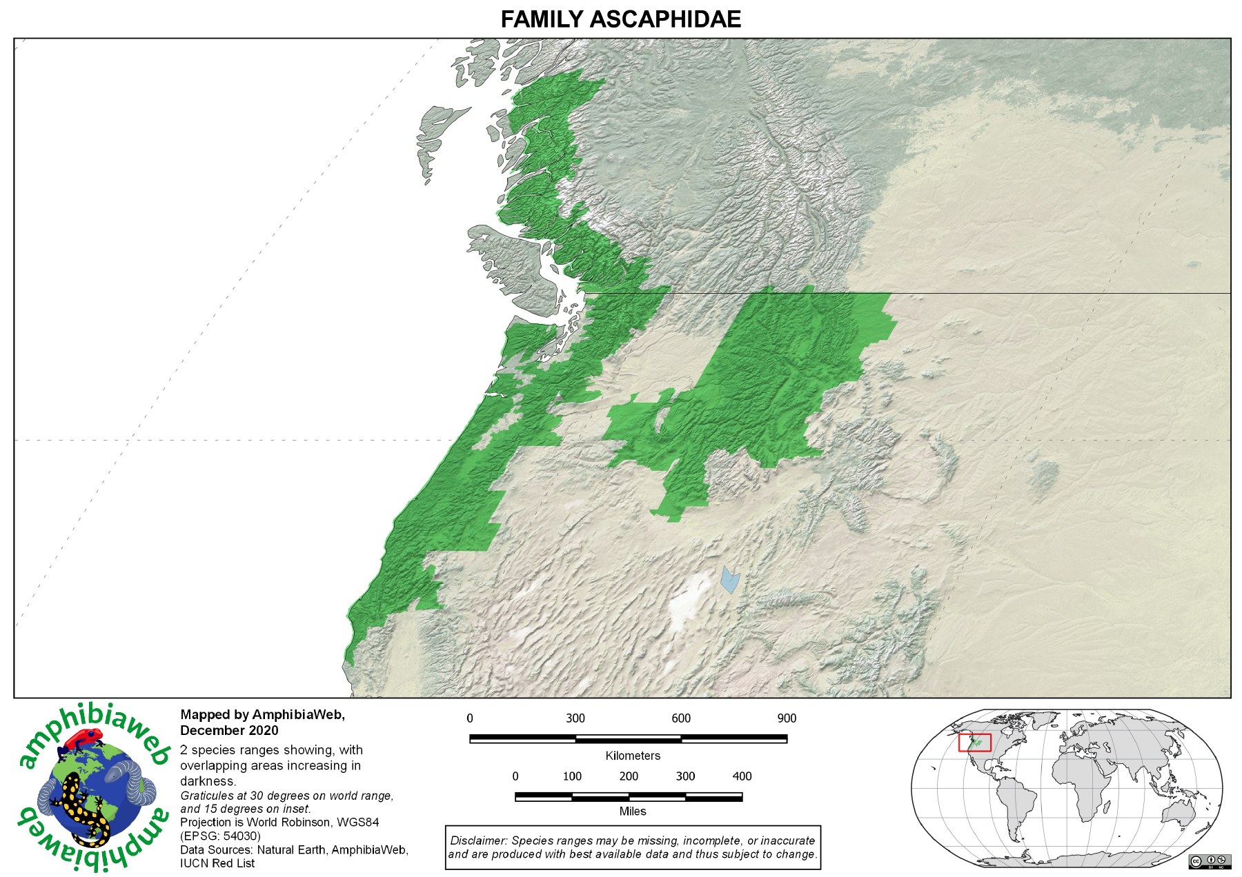 Map of the Pacific Northwest of North America with green shading along the coast from northern California to British Columbia and a second patch inland in Idaho, Montana, northeastern Oregon and southeastern Washington